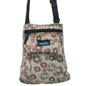 Kavu Crossbody Bag Purse Beige Purple Floral‎ Print Adjustable Strap Pockets
